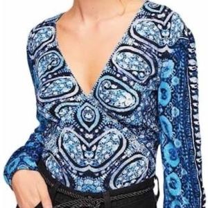 Free People Wild and Free Boho Blue Long Sleeve Cropped Top Size S